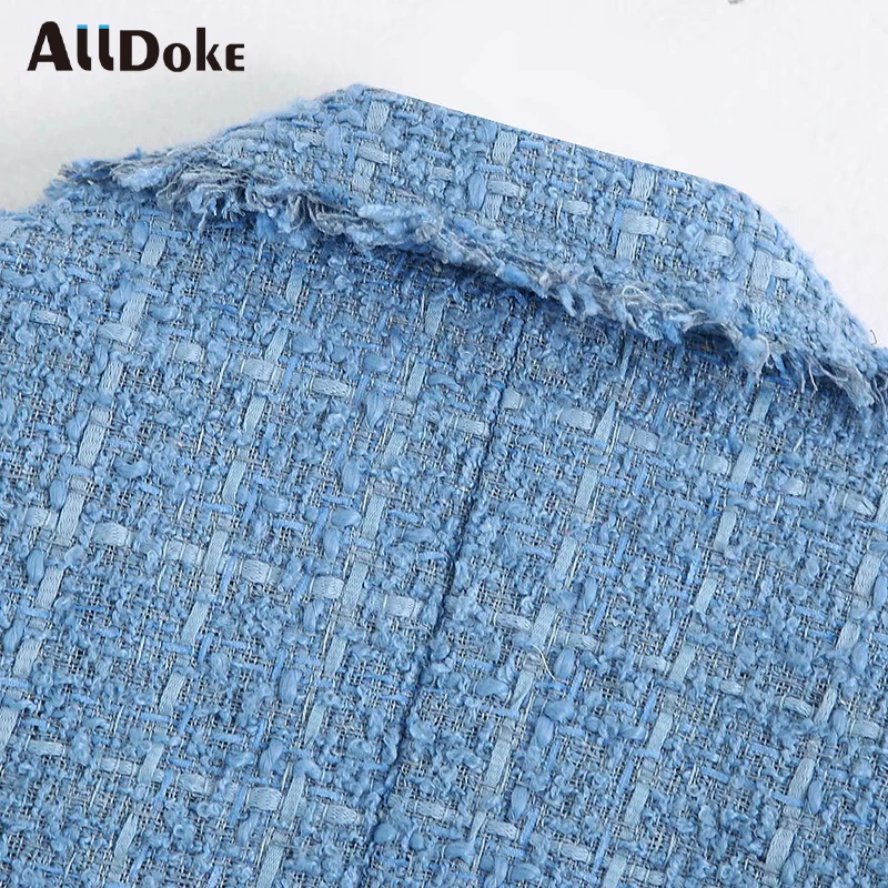 

ALLDOKE blue casual women blazer autumn notched double breasted long sleeve coats femme button tassel ladies blazers mujer