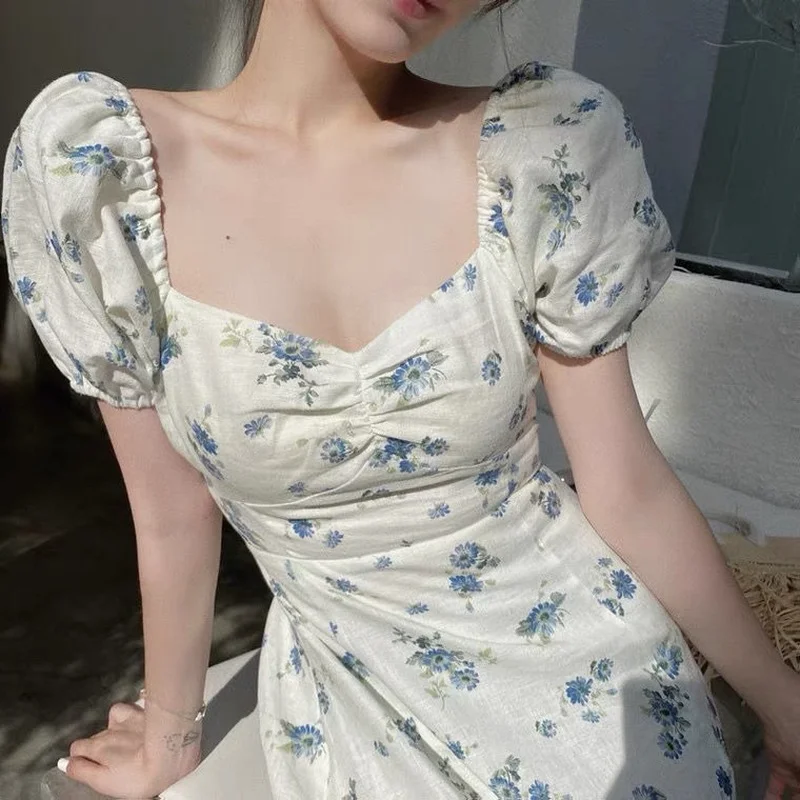 

Sexy Square Neck Women Midi Dress 2021 New Summer Puff Sleeve Slim Waist Robe Ladies Sweet Floral Split Pleated Long Dresses