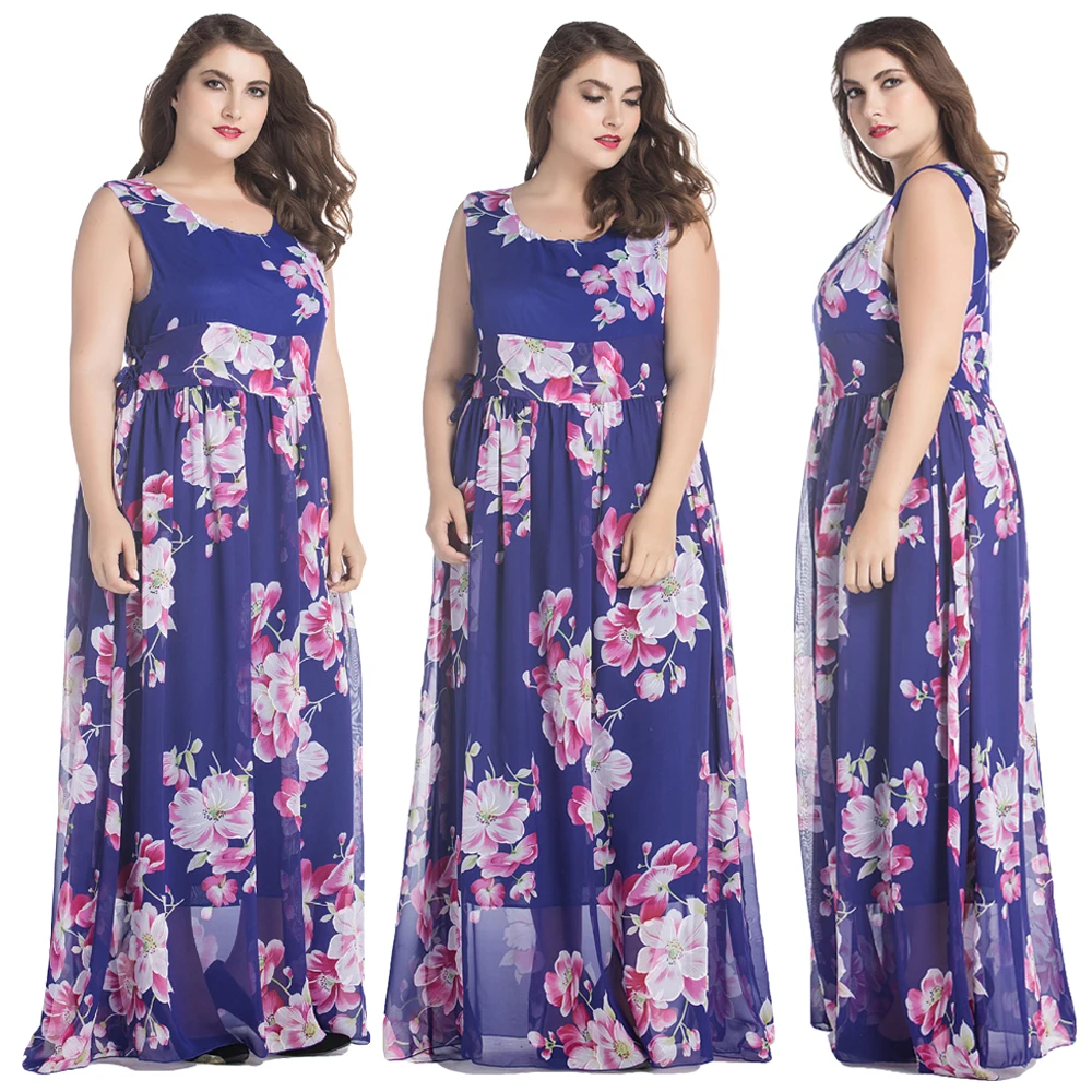 

Plus Size Women Summer Chiffon Long Dress Holiday Floral Print Bohemia Sleeveless Party Beach Maxi Dresses Fashion Gown Vestidos