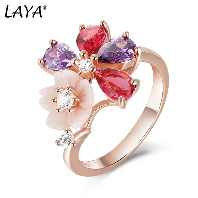 

Laya High Quality Colored Zircon Natural Shell Flower Ring For Women 925 Sterling Silver Original Jewelry 2022 Trend
