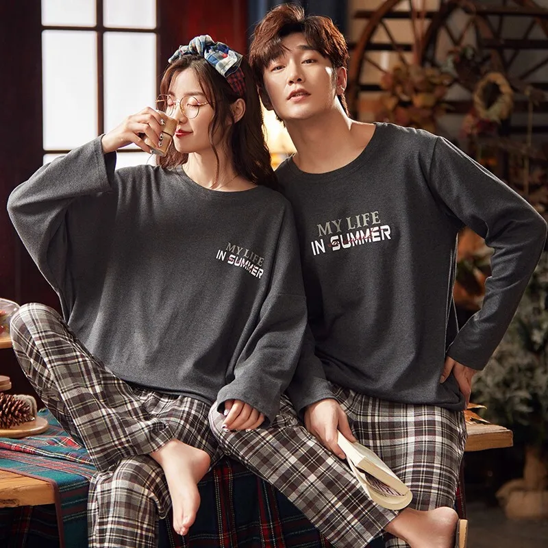 

Couple Lovers Pajamas Cotton Pijama Long Pants Sleeves Men Women's Sleepwear Casual Plaid Nightwear O-Neck Homesuit Autumn Mujer