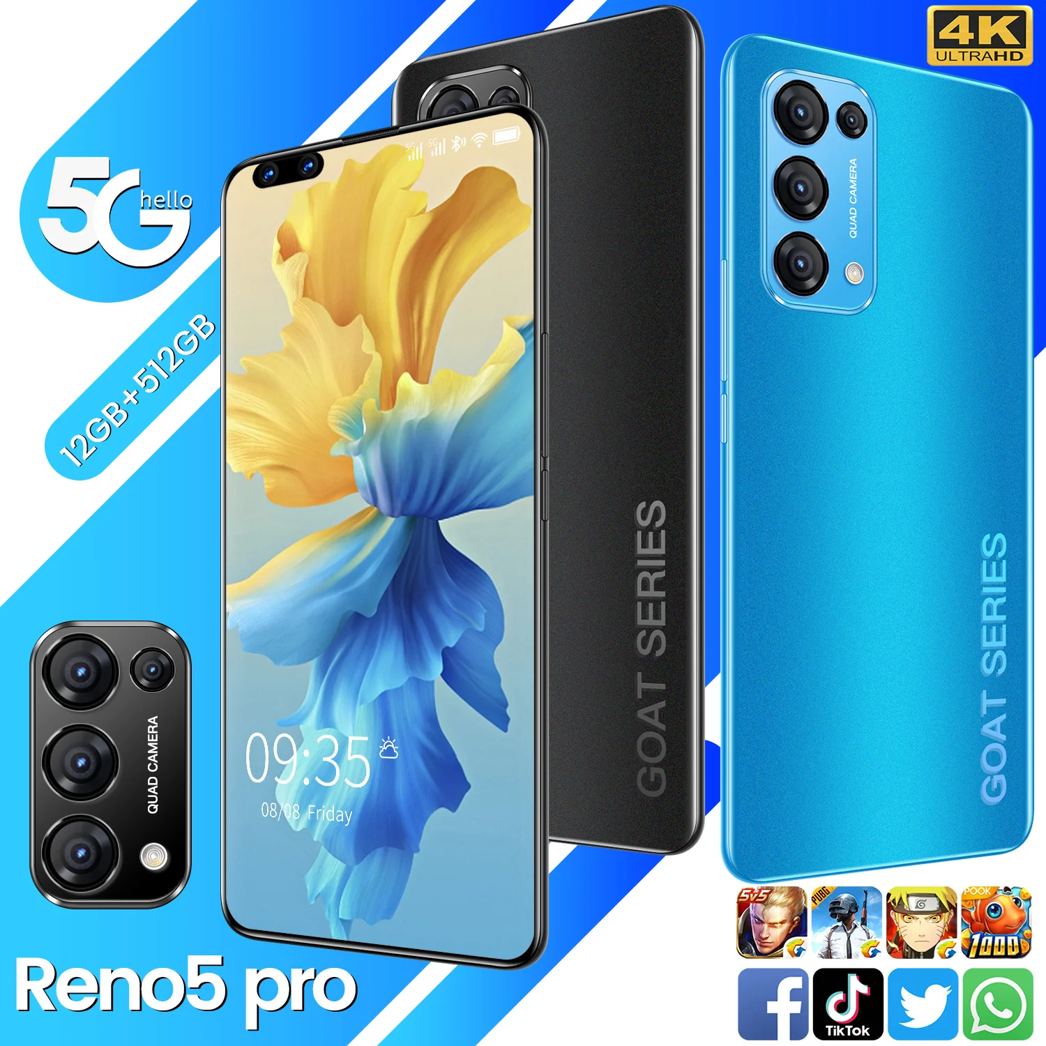 

Brand New Reno5 Pro 7.3 Inch 12GB RAM 512GB ROM Fingerprint Unlock Smart Phone Deca Core Dual SIM Mobile MTK6797 Cell Phone