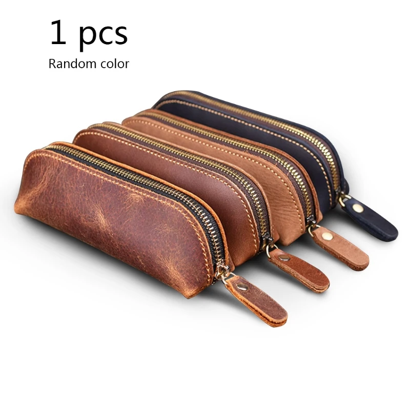 

H05B Handmade Genuine Leather Pencil Bag Vintage Cowhide Zipper Pen Case School Bag