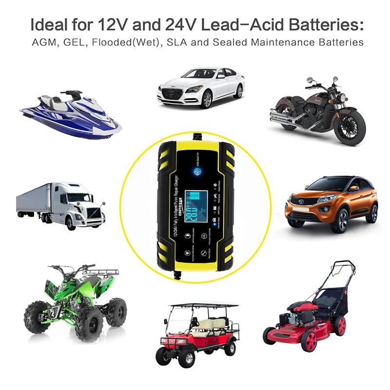 Зарядное устройство для аккумулятора автомобиля 12/24 В 8 А сенсорный экран