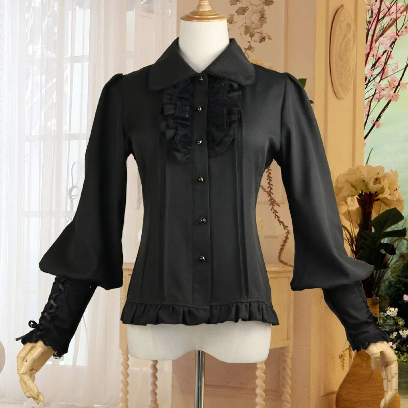 Full Black Платье рубашка Стимпанк Викторианский костюм для женщин Винтаж Slim Fit Шифоновая Блузка Лолита галстук-бабочка фонари рукава Топ коса для леди - Цвет: Full Black