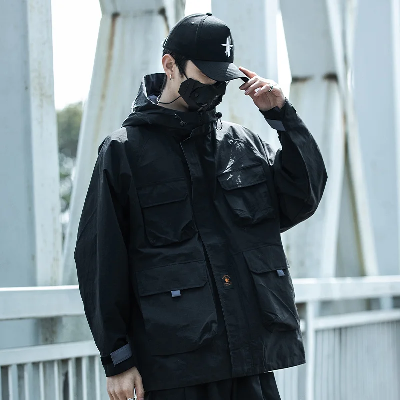 

Windbreaker Cargo Jackets Streetwear Men Multi-pocket Tactics Jacket Hooded 2021 Fashion Spring Coats Male WB116