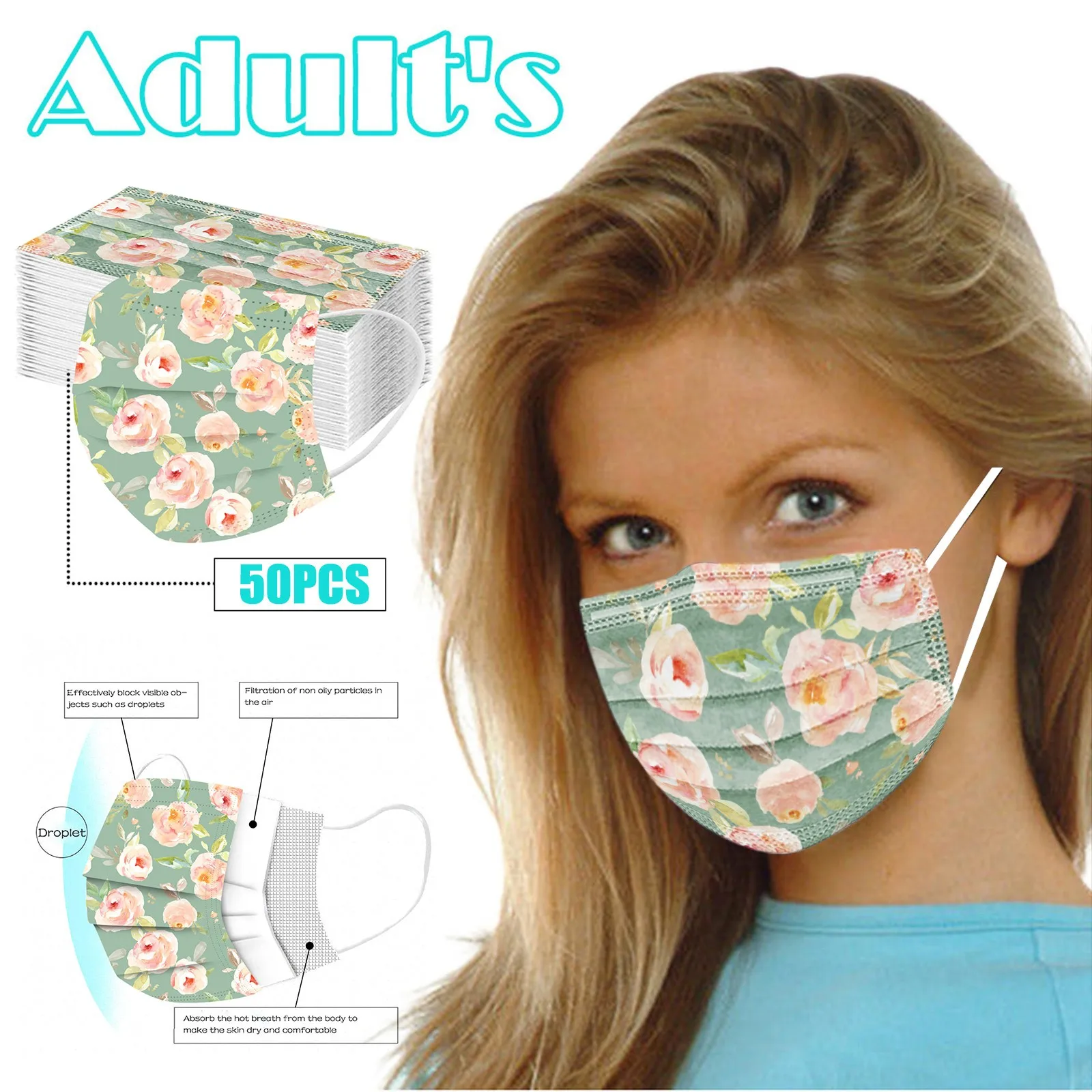 

Headband mascarillas 50pcs Flower Printing Adult Disposable Christmas Mask 3 Layer Earring Face Mask #15