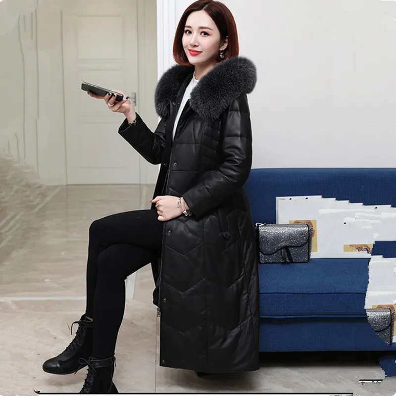 TNLNZHYN Women Winter Sheepskin Coat Quality Fox Fur Collar Down Jacket Leather Outwear Female 2020 Black Warm Long Clothes 1871