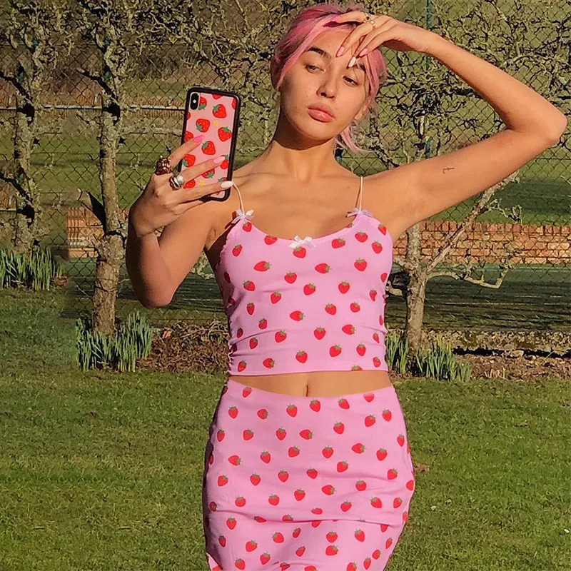 

Strawberry Skirt And Sling Top Set 2 Pce Outfits For Women Casual Girlish Style Two Piece Set Women Bow Sexy 2 Pc Set Tracksuits