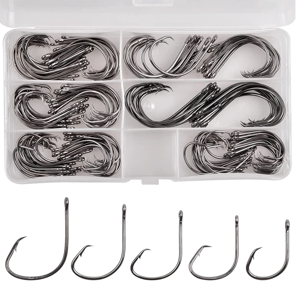 

100Pcs/box Circle Offset Hooks Saltwater Fishing Hooks Kit High Carbon Steel Octopus Hooks for Saltwater Big game Fishhooks set
