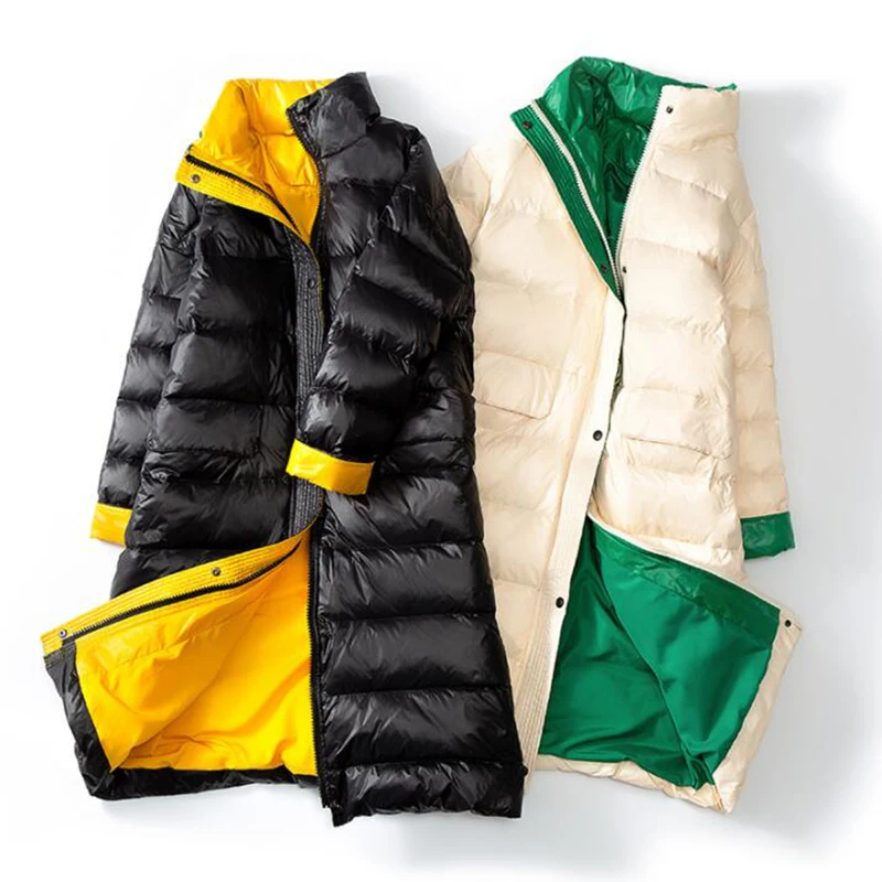 Женский пуховик на белом утином пуху 90% зимняя куртка свободного кроя длинный со