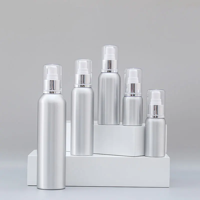 

300pcs/lot Cosmetic Container Packaging 50/100/120/250ml Aluminium pump bottle with silver collar or lotiong bottle