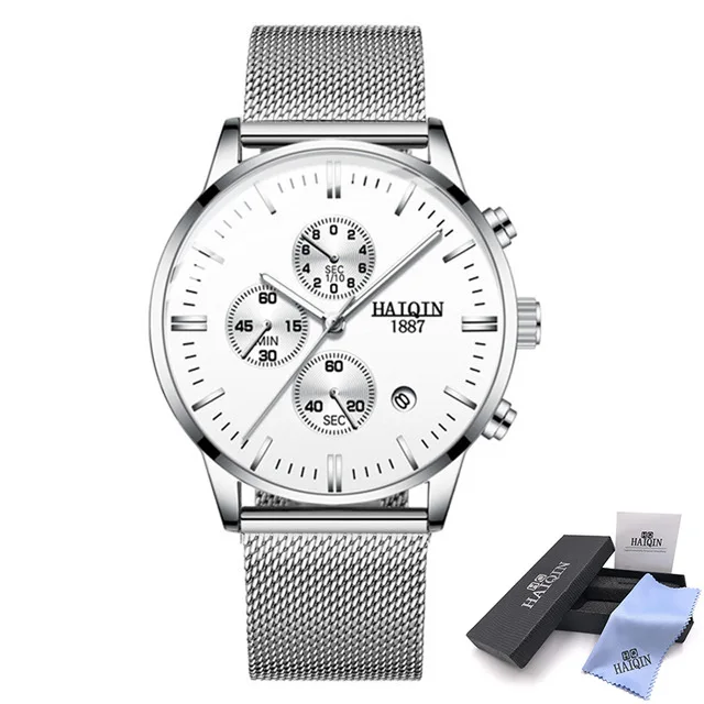 silver white Новинка HAIQIN Модные кварцевые мужские часы лучший бренд класса люкс военные спортивные часы мужские наручные часы с сетчатым ремешком Relogio Masculino - Цвет: silver white