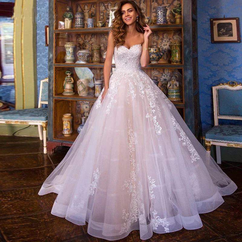 

ChuYu Sexy Strapless Fashion Wedding Dresses Pink Lovely Princess Appliques Lace Up