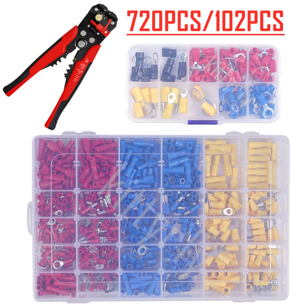 

720/480/280Pcs Assorted Spade Terminals Insulated Cable Connector Electrical Wire Crimp Butt Ring Fork Set Lugs Rolled Plier Kit