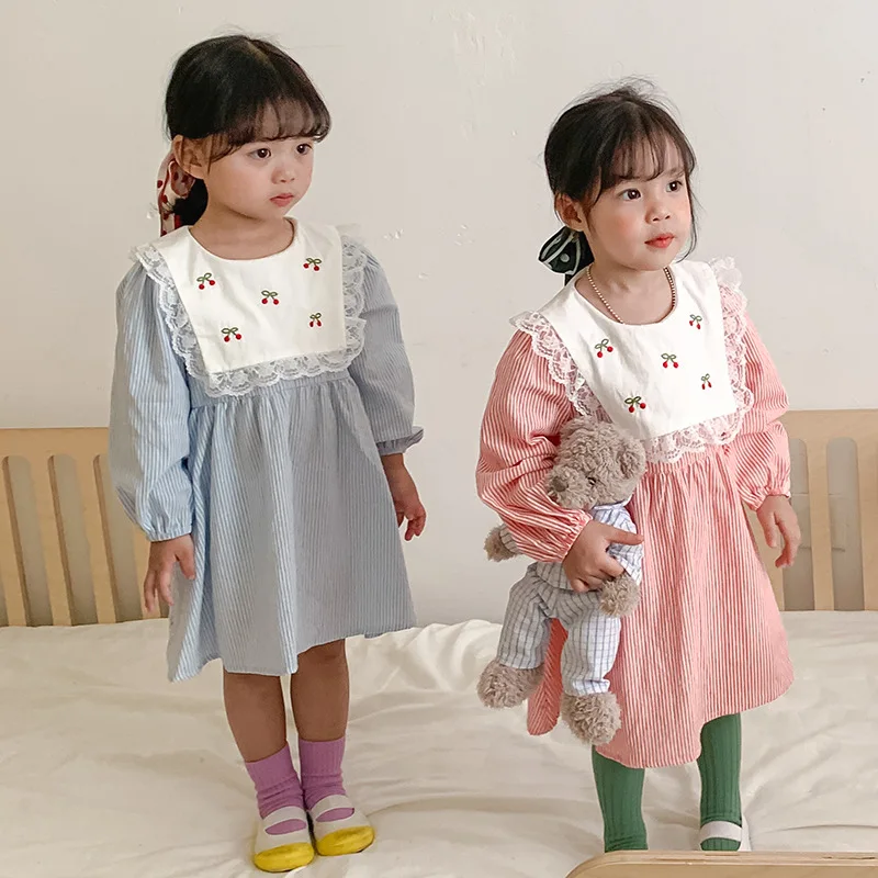 

Платье в стиле «лолита» с вышивкой вишни, кружевным воротником и длинными рукавами, свободное осеннее платье для девочек