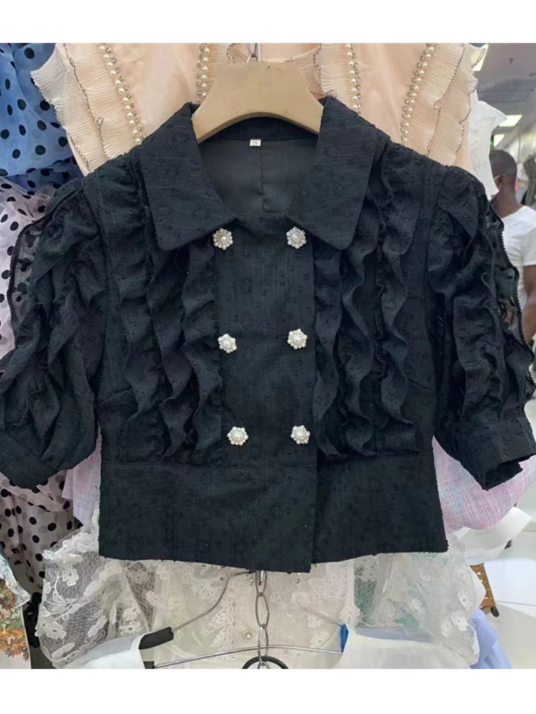 

Retro solid color Lapel double-breasted draped wood ears Short shirt Ladies summer new fashion All-match tops Free shipping