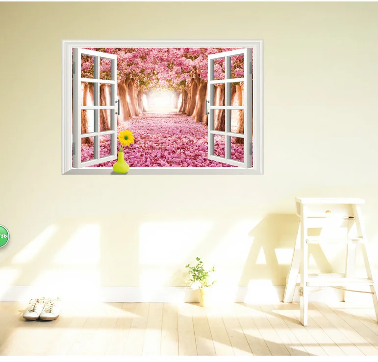 

Removable 3D wall sticker cherry tree false window landscape wall sticker bedroom background PVC waterproof decoration sticker
