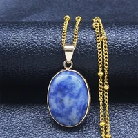 stainless steel blue natural stone charm necklace women gold color small oval pendant necklace jewelry collar acero n67s04