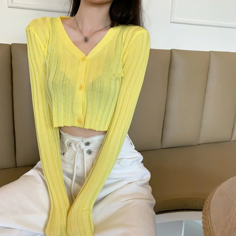 

Spring Women Retro Button T-Shirt Solid Color Long Sleeve Short Style Breathable Knitted Slim Cardigan Short Top Blouse