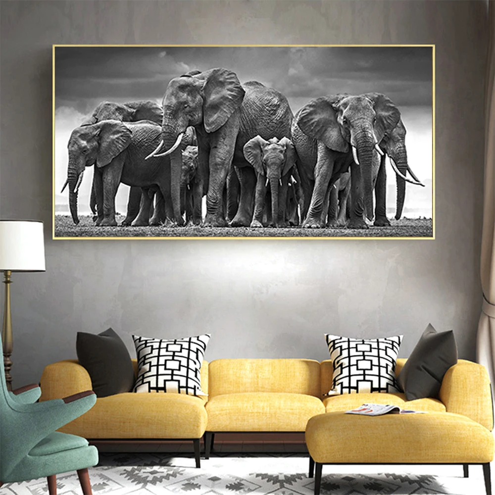 

African Elephant Wild Animal Black and White Canvas Painting Scandinavia Posters and Prints Pictures for Living Room Decoration