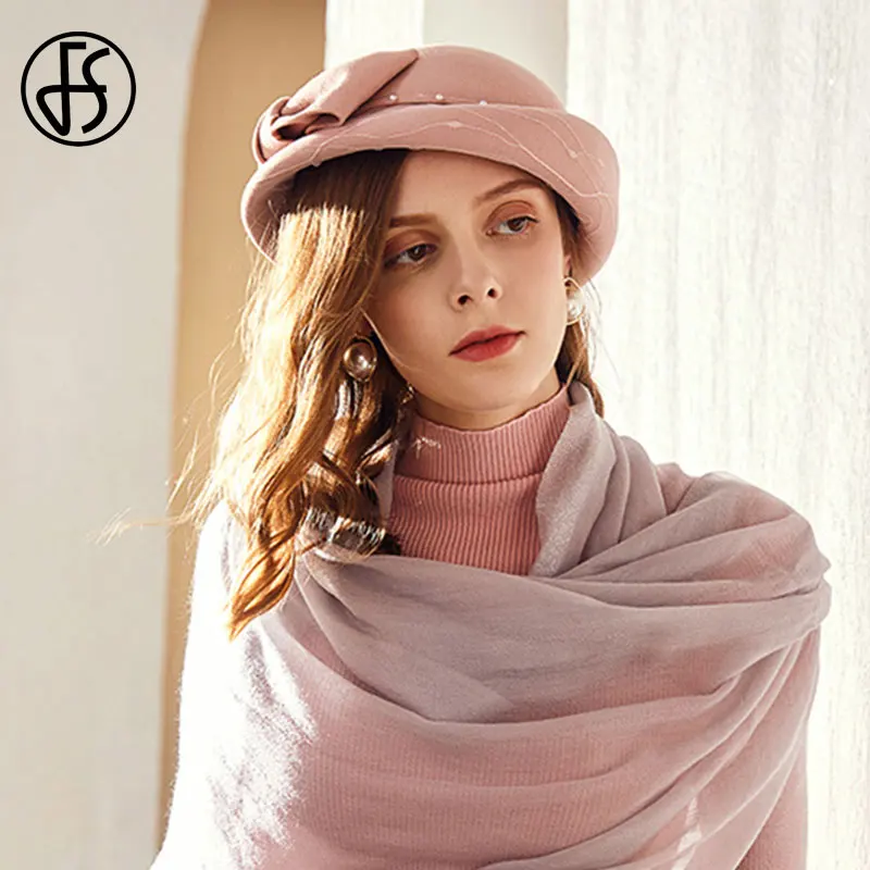 Женский шерстяной берет FS фетровый во французском стиле с жемчужинами зимний