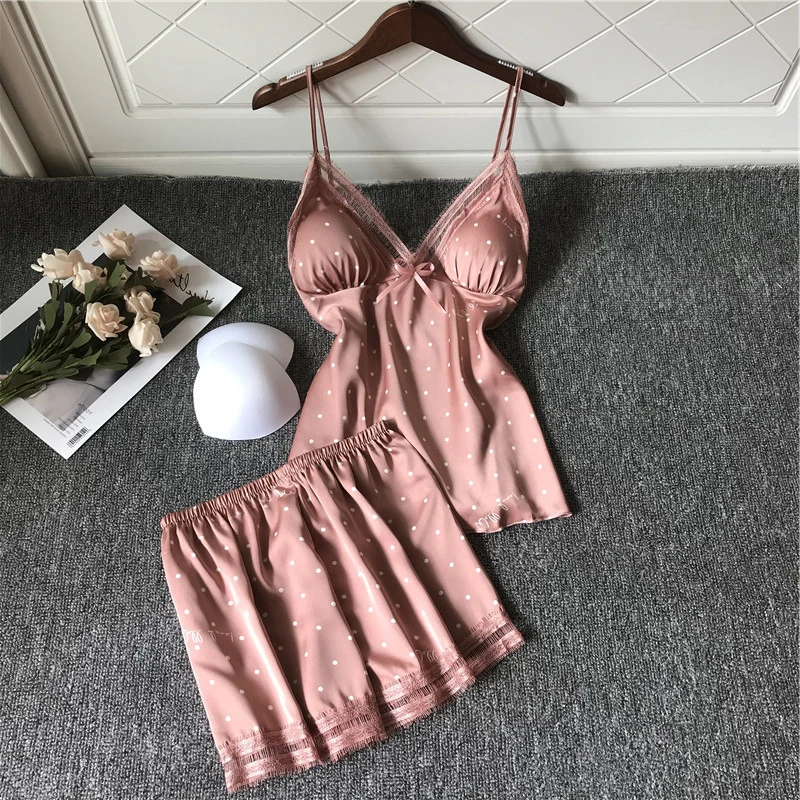 

Summer lace pajamas ladies 2021 hot satin pajamas sexy casual wear silk pajamas set women clothing sets summer plus size