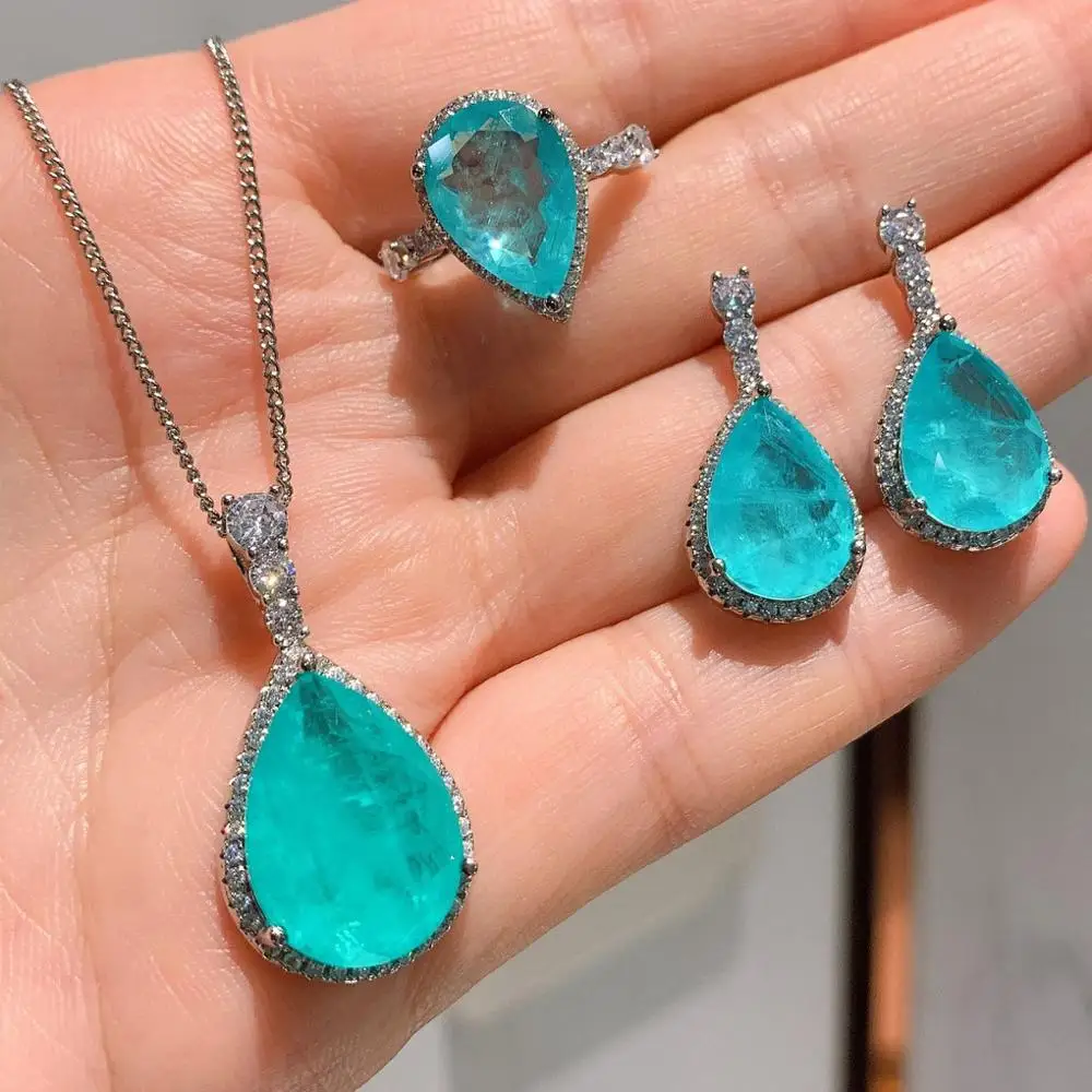 

Lake blue Paraiba Tourmaline Emerald Gemstone earrings Jewelry Set for Women Silver 925 color ring Necklace for Wedding Gifts