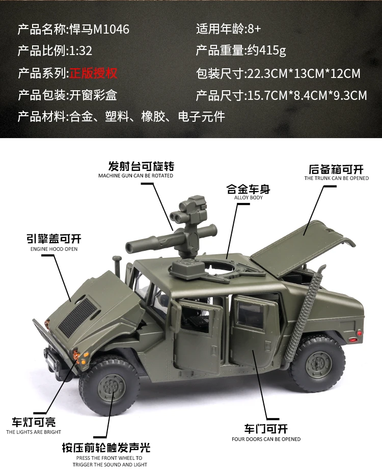 1:32 Hummer M1046 военный автомобиль модель усовершенствованная, от взрыва, бронетранспортер со звуком светильник сплав игрушечный автомобиль модель литая игрушечная машинка
