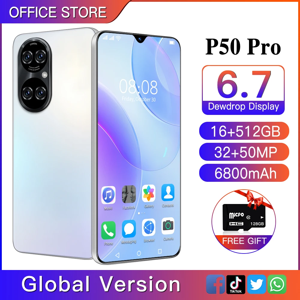 

New Global Version P50 Pro HUAWE Qualcomm 888 Android11 16GB 512GB Mobile Phone 6.7 '' HD Screen Cellphone 6800mAh 5G Smartphone