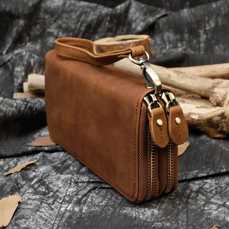 Мужской кошелек на молнии Luufan черный/коричневый Длинный из натуральной кожи с