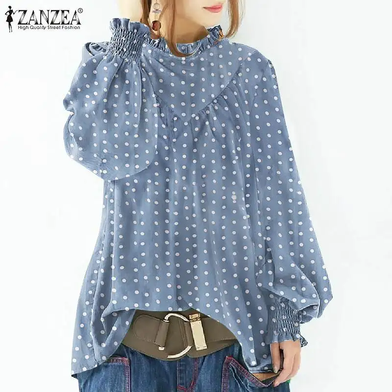 

ZANZEA Women Vintage Polka Dot Printed Blouse Spring Long Sleeve Ruffles Shirt Female Elegant OL Blusas Casual Party Tops Tunic