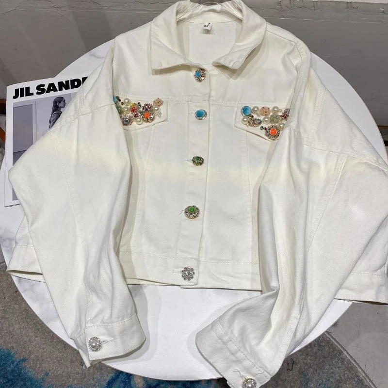 

2021 Spring white jeans jacket loose lapel long sleeve colorful diamond pearl beading denim jacket for women streetwear coats