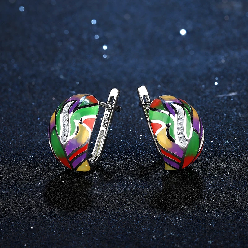 

Women Earrings 2020 Fashion Colorful Enamel Rainbow Round 925 Sterling Silver Clip on Earrings Zircon Jewelry Handmade Enamel
