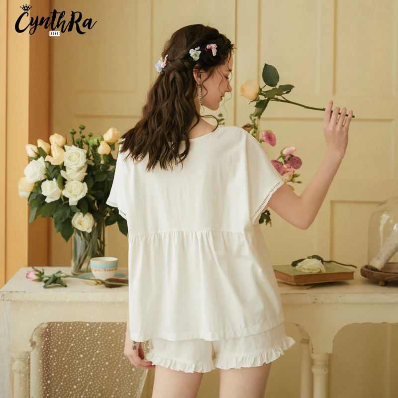 CYNTHRA/Хлопковая пижама с короткими рукавами Костюм Женские летние шорты в стиле