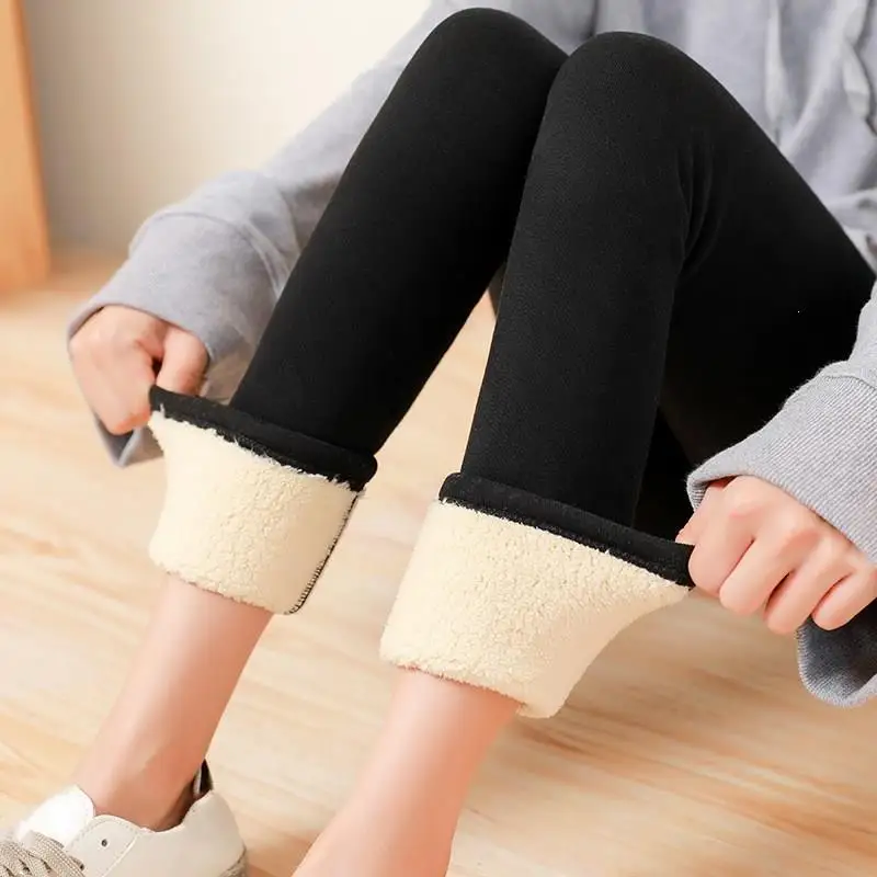 Winter Black Warm Fleece Leggings Skinny Thick Casual Wool Velvet Leggings Women Lambskin Cashmere Leggings