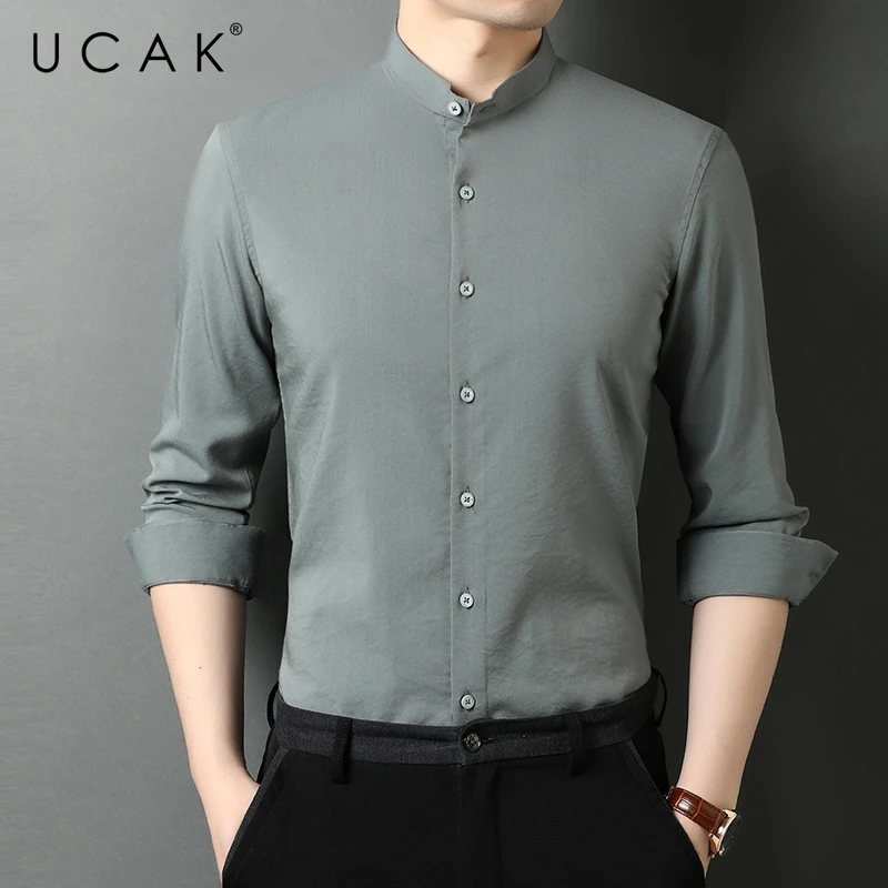 

UCAK Brand Classic Solid Color Shirts Men Clothing Mandarin Collar Streetwear Shirt Pull Homme Spring Autumn Clothes U6537
