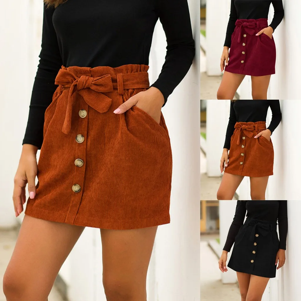 Женские весенние вельветовые юбки с высокой талией и карманами юбка бантом