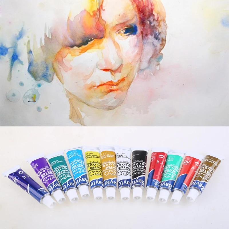 

12 Colors Tubes 6ml Paint Tube Drawing Painting Watercolor Pigment Set With Brush Art Supplies Y4QD