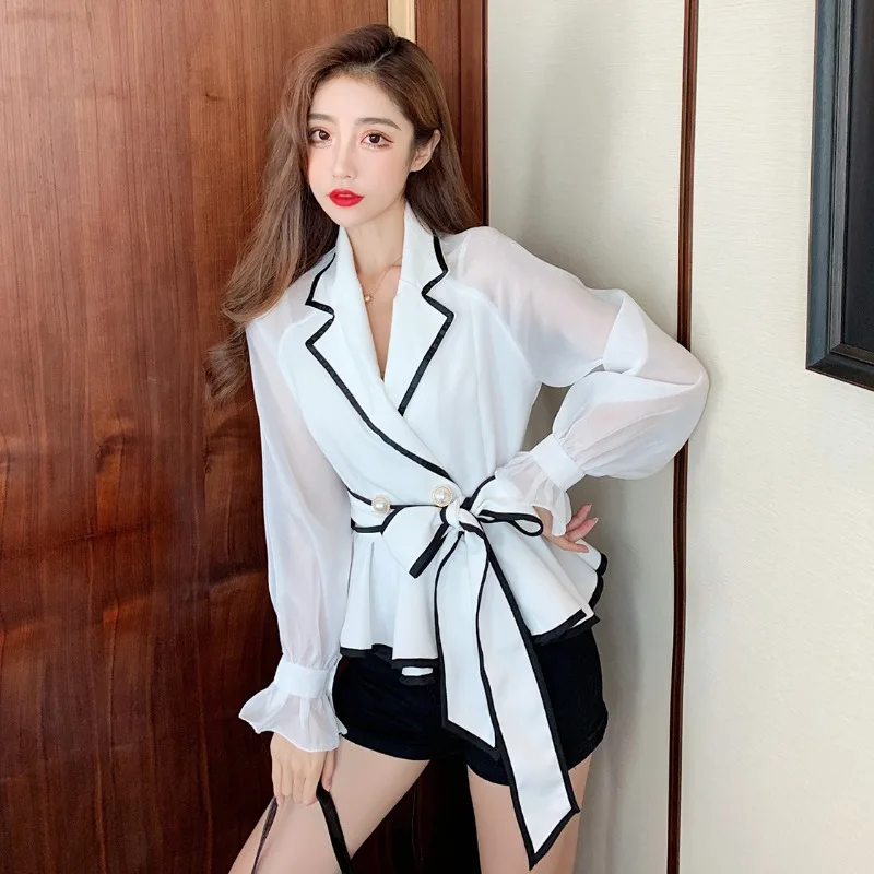 

White Party Club Celmia Women Tops and Blouse Sexy V-neck Elegant OL Shirt Casual Loose Belted Long Sleeve Tunic Business Blusas