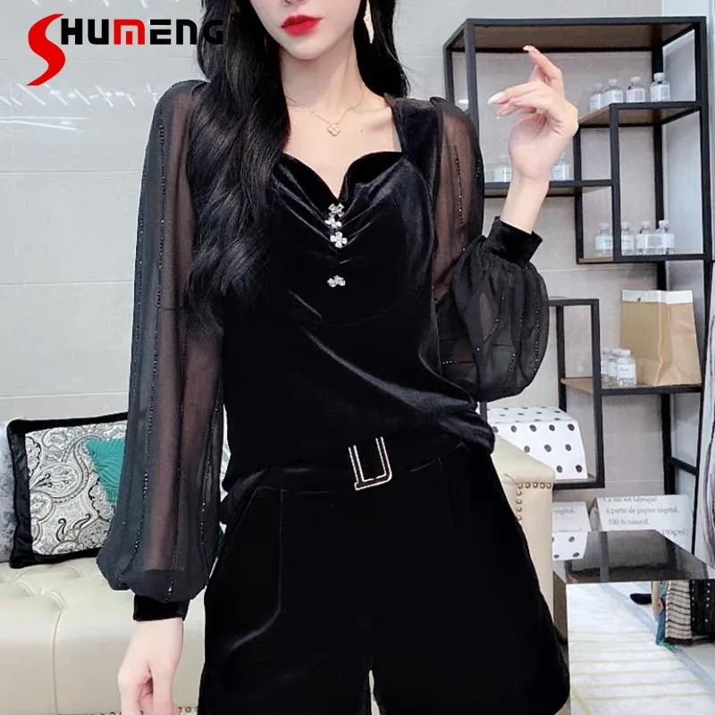 

European 2021 Early Autumn Female Pure Color Mesh Retro Stitching Lace Sleeve T-shirt Women's Fashionable Elegant Solid Top Tee