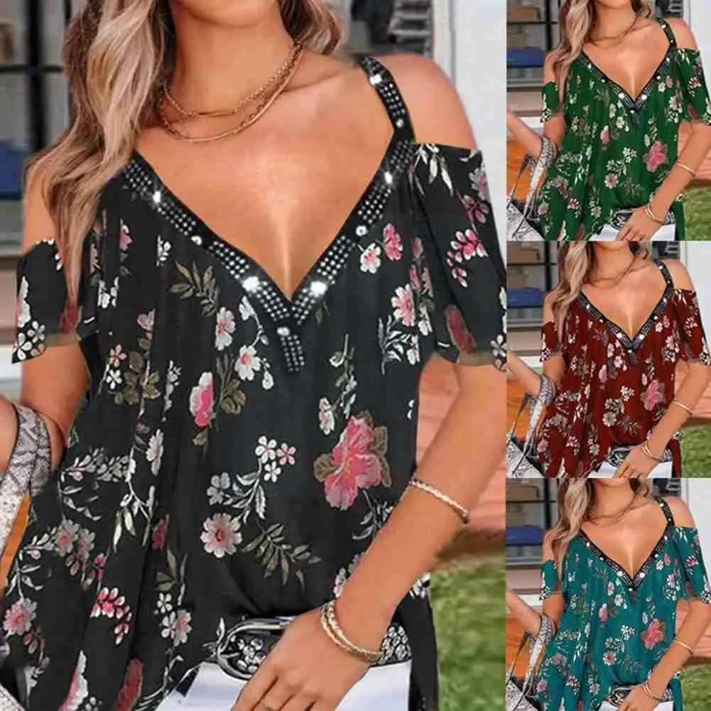 

Summer Women's V-neck Short Sleeve Fashion Printing Top T-shirt Loose Strapless Casual X4d2