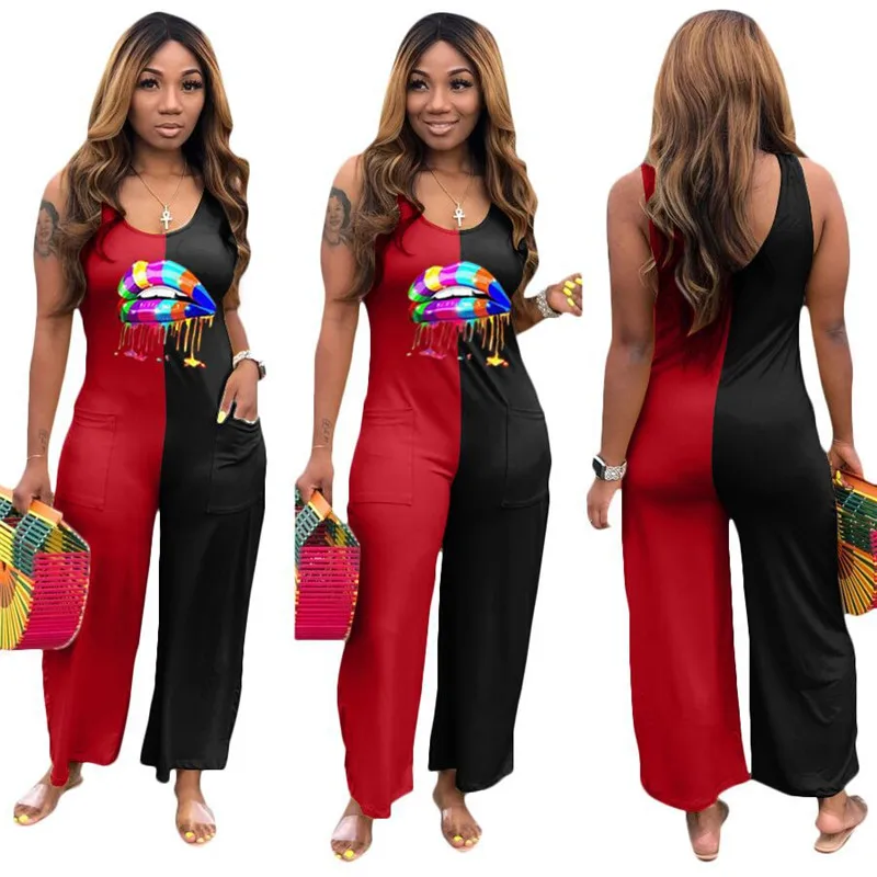 

Women Fashion Lips Printed Color Block Patchwork Sexy Sleeveless Wide Leg Pants Romper Casual Jumpsuits