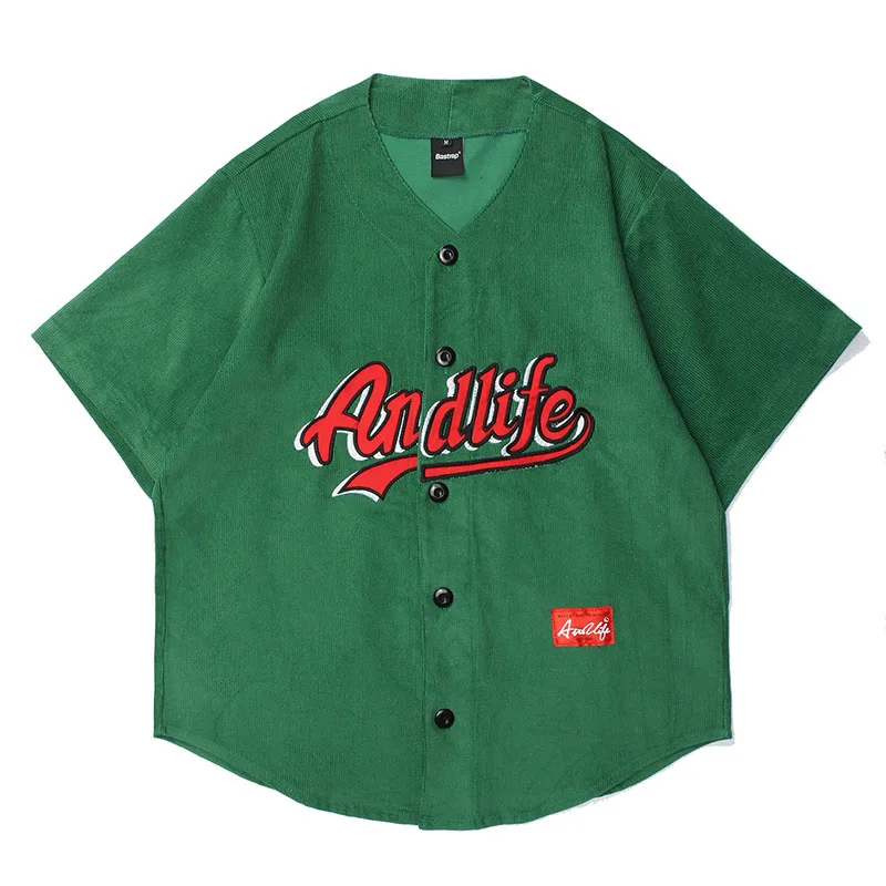 

Corduroy Spliced Embroidered Baseball Short Sleeve Tshirts Men and Women V Neck Oversize Casual Summer T Shirt