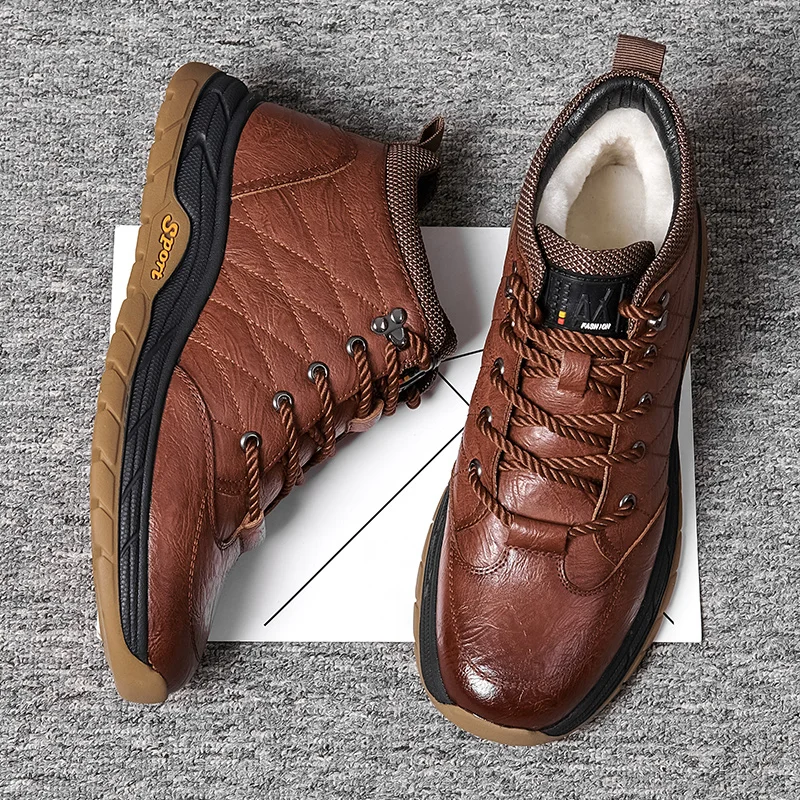 

Genuine Leather Winter Warm Men Boots Wool Fur Outdoor Snow Boots Handmade Waterproof Working Non-slip Ankle Boots Botas *