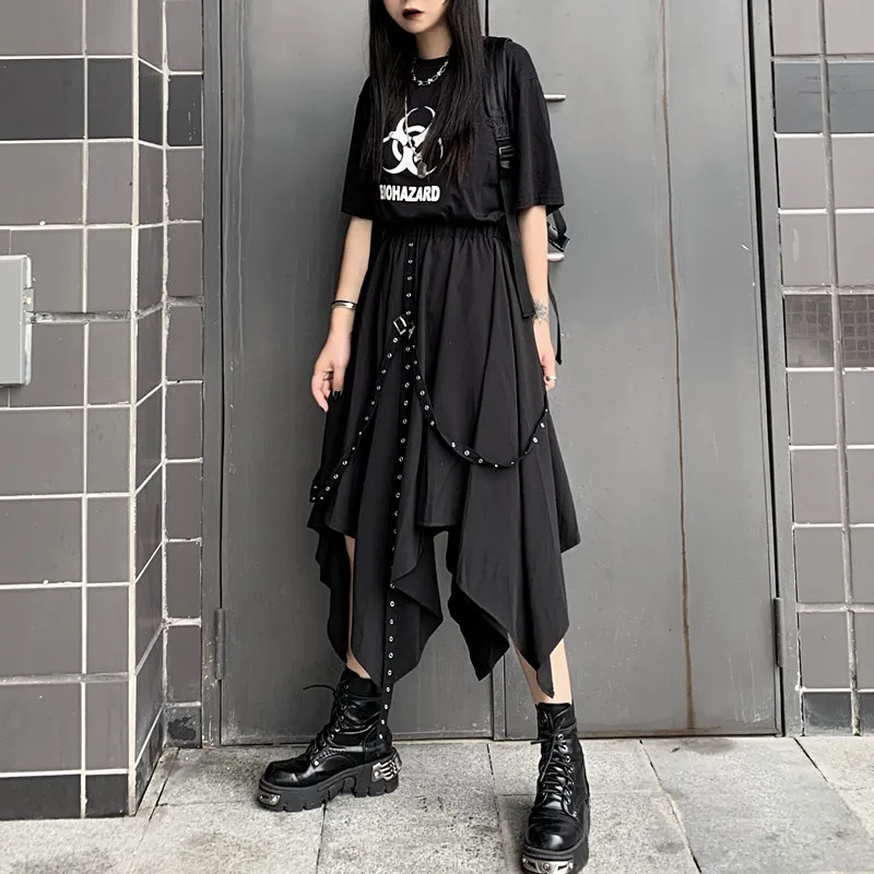 Focal20 Harajuku цветная лента нерегулярная Женская юбка с высокой талией черная Летняя женская юбка Свободная выше колена Женская юбка