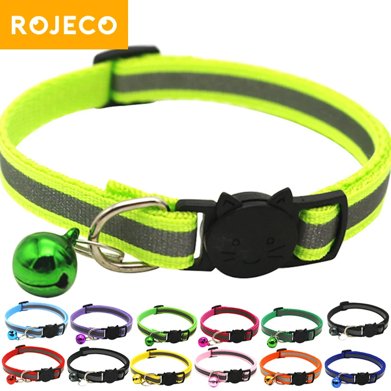 Цветной ошейник для кошек ROJECO с колокольчиком, регулируемые светоотражающие ошейники для домашних животных, товары для кошек, ожерелье с пряжкой для котят, поводок для домашних животных - изображение