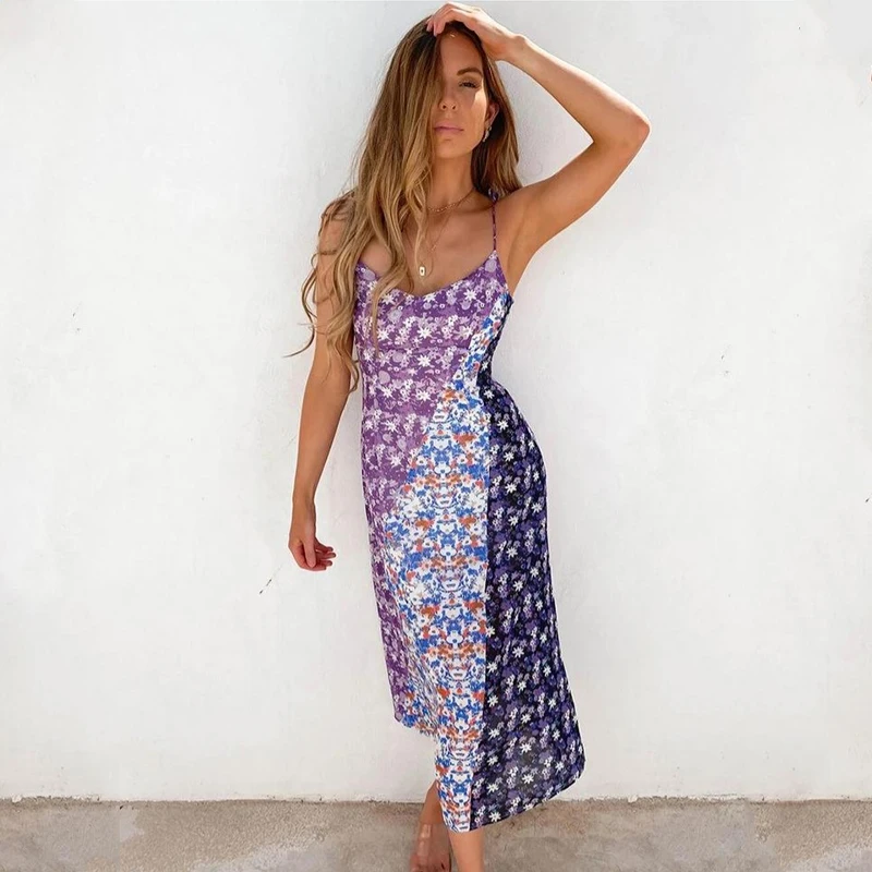 

Fashion Printed Summer Dress Women Patchwork Bodycon Slip Dresses Sexy Backless Women Clothes Floral Sundress