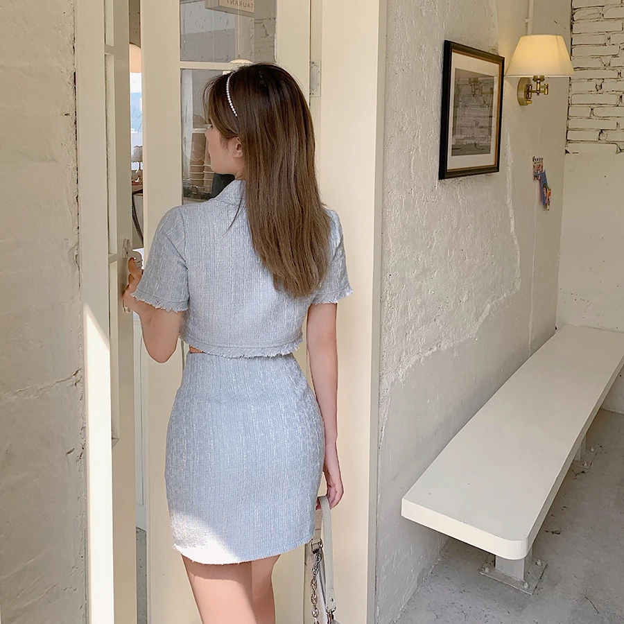 

Elegant Summer Tweed Skirt Suit New Fashion Women Sexy Short Sleeve Single-Breasted Crop Top + Mini Skirt Set Two Piece Outfits