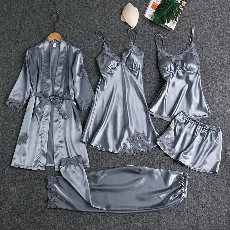 

Five-piece pajamas female ice ribbon chest pad spring, autumn and summer silk sexy suspender nightdress
